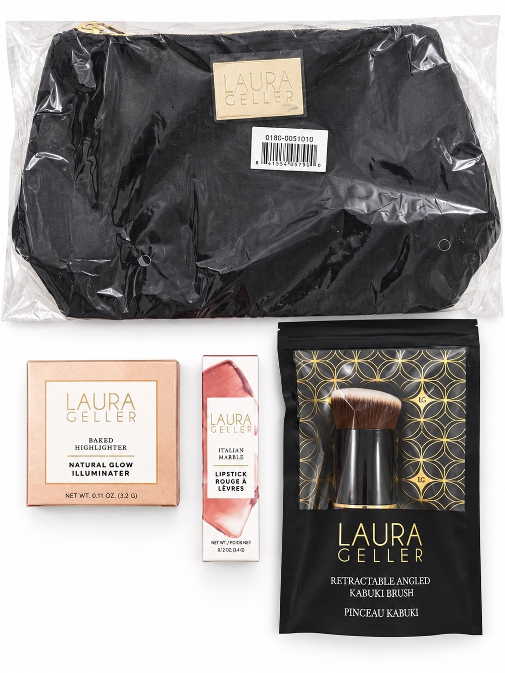 NWT Laura Geller 4PC Makeup Bundle Lipstick Highlighter Kabuki Brush Bag